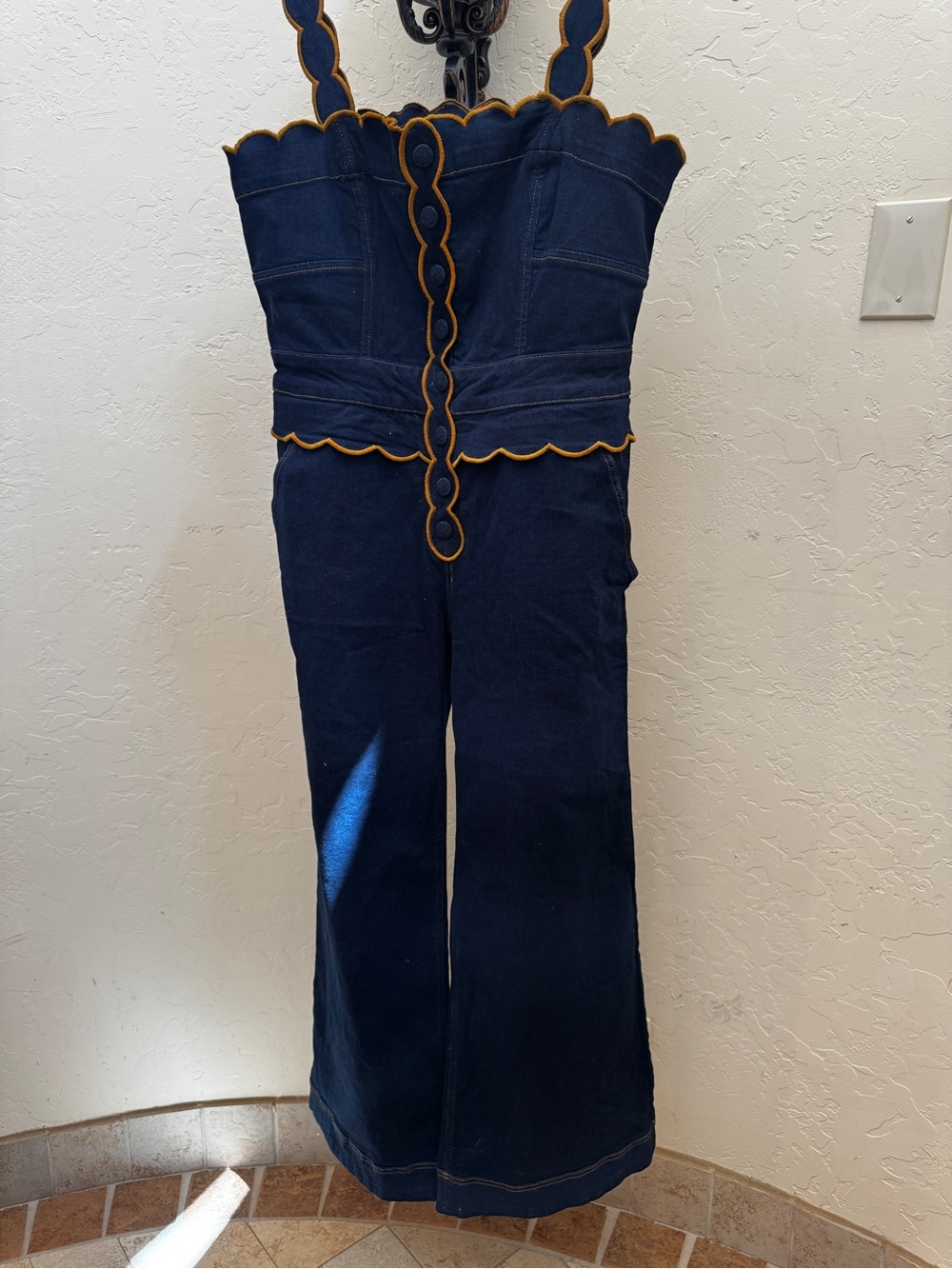 NWT FARM Rio Dark Denim Wavy Trim Jumpsuit - Picture 8 of 15